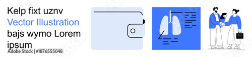 Business consultation, health diagnostics, financial planning, teamwork, workplace communication, medical advice. Images of a wallet, lung diagram with data and professionals interacting. Financial