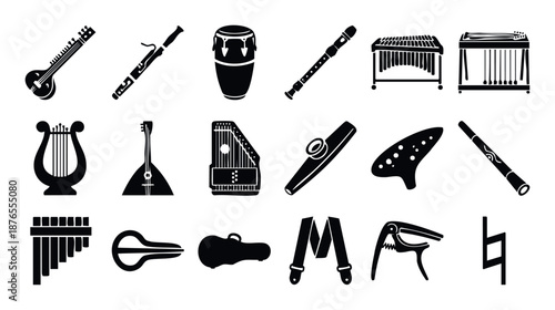 Diverse collection of black silhouette icons representing various musical instruments and accessories perfect for musicrelated educational content and graphic design projects