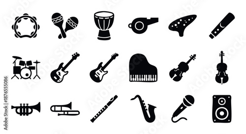 A comprehensive collection of silhouette musical instrument icons including drums guitars piano violin and brass instruments perfect for music education and entertainment applications