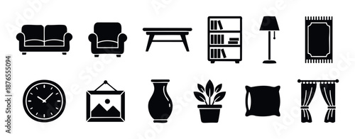 A diverse collection of furniture and home decor silhouette icons, ideal for illustrating interior spaces, room layouts, property management, and residential design visuals.