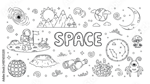 An engaging line drawing set showcasing various space exploration elements including an astronaut, planets, moon, stars, and alien life, ideal for childrens learning activities and