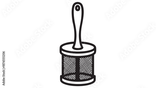 Illustration of a tea infuser with a mesh container and handle in black and white