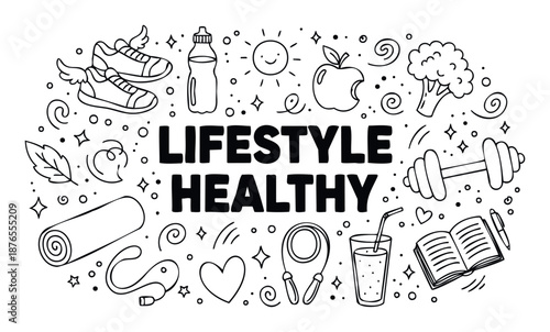 A collection of handdrawn healthy lifestyle and fitness elements surrounding bold LIFESTYLE HEALTHY text, ideal for health and wellness promotions, motivational graphics, or educational