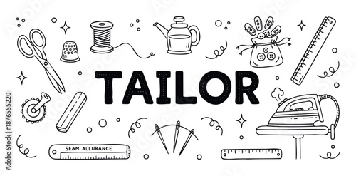 Comprehensive collection of handdrawn tailor and sewing tools, including scissors, thread, iron, and rulers, perfect for textile industry presentations and crafting project materials