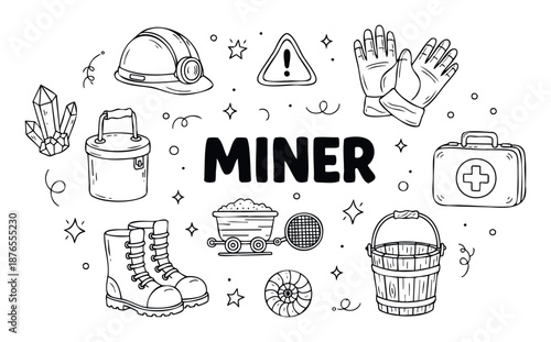 Discover essential mining equipment and safety gear including a hard hat, gloves, and a first aid kit, perfect for educational materials, occupational presentations, or industryrelated