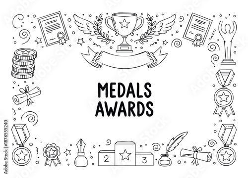 Medals and awards doodle frame featuring handdrawn trophies, certificates, and victory symbols, perfect for illustrating success, achievement, competition, and recognition in various
