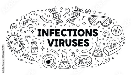 Black and white hand drawn collection of scientific and medical elements illustrating the theme of infections and viruses for educational and public health awareness purposes.