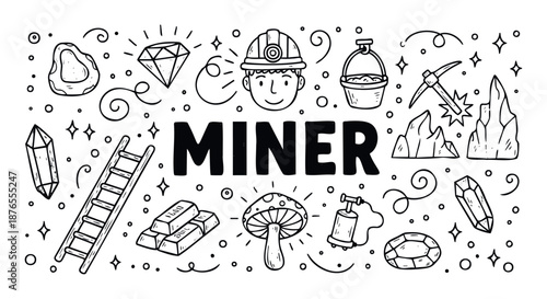Engaging hand drawn collection of mining related objects and treasures like gold, diamonds, and crystals, ideal for educational resources and adventure game themes