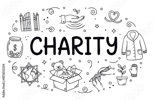 Hand drawn charity concept with various doodle icons illustrating donation, helping, community support, and volunteering for non profit organizations