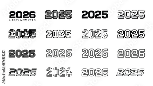 Multiple depictions of the years 2025 and 2026 with varying styles presented
