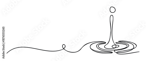 Elegant continuous line drawing capturing a stylized water drop impact with forming concentric ripples, perfect for minimalist branding, ecofriendly packaging, and serene web graphic design