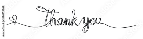 Stylish one line script text saying Thank you accompanied by a lovely heart symbol, suitable for various thank you notes, banners, or decorative graphics.
