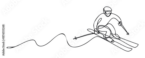 Dynamic single line drawing of a downhill skier in full motion, perfect for winter sports event promotion, apparel branding, or modern graphic design projects requiring a minimalist and