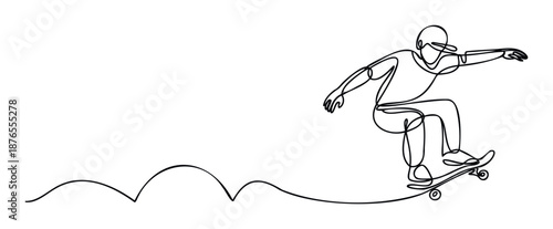 Energetic skateboarder performing a dynamic trick captured in a modern continuous line drawing style perfect for sports graphics or youth lifestyle promotions