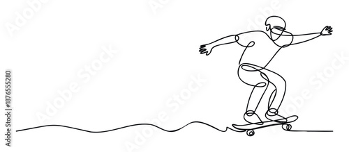 Dynamic continuous line drawing of a skateboarder in action, perfect for sports branding, active lifestyle campaigns, or contemporary graphic design projects requiring a minimalist athletic