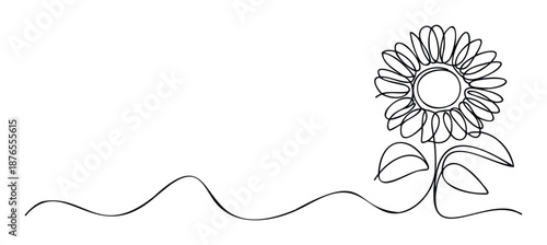A single continuous line drawing of a majestic sunflower with detailed petals and leaves symbolizing growth and happiness, ideal for modern minimalist branding and decorative projects.