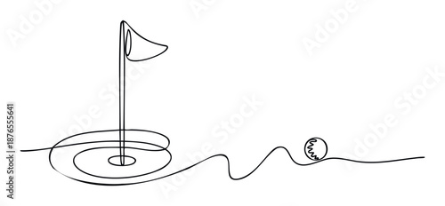 Simple continuous line drawing of a golf flag on a putting green with a golf ball on a wavy path, ideal for sports event promotions and active lifestyle content.