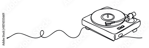 Minimalist continuous line drawing of a classic analog record player with an audio cable creating a flowing path perfect for music industry branding or sound related projects