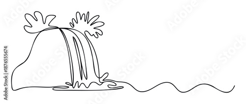 Continuous line drawing depicting a flowing waterfall cascading into a winding river, perfect for environmental conservation themes, nature education materials, or elegant minimalist