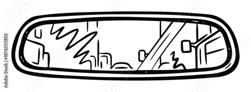 Hand drawn black and white rearview mirror reflecting the abstract interior of a car, perfect for automotive blogs, travel vlogs, or driving safety campaigns