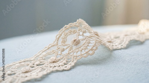 Delicate Cream Lace Ribbon Trim on a Light Blue Textured Background