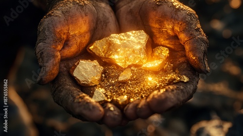 Dirty hands hold pieces of golden metal, symbolising the hard labour and problems of illegal mining, which will heighten the drama in documentary reports as the main backdrop.