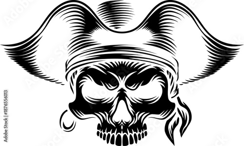 A pirate skull in a captain hat skeleton vintage woodcut style design
