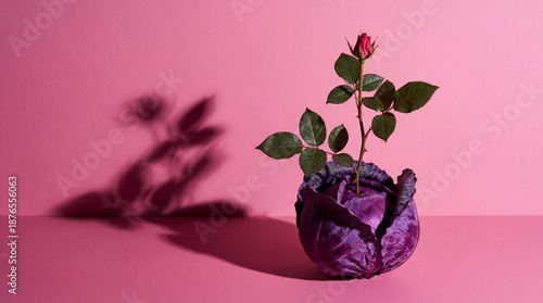 Creative Still Life of a Red Rose Bud Growing from a Purple Cabbage