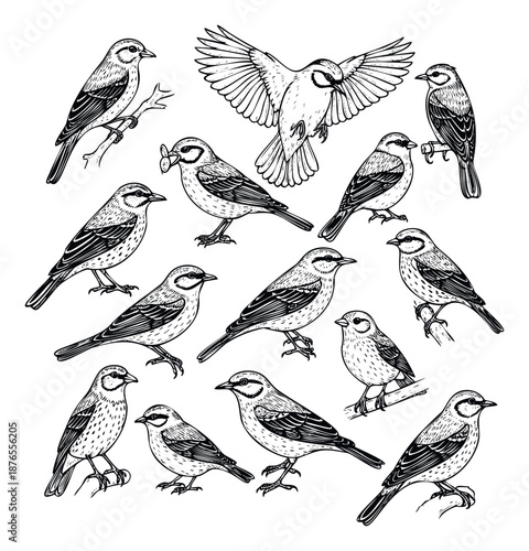 A comprehensive collection of diverse small wild birds depicted in various natural poses including perching and in midflight, perfect for naturethemed projects and educational content.