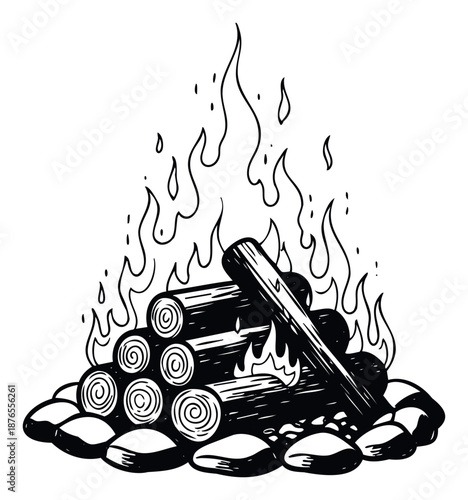 Hand drawn style campfire with burning logs and stones provides a cozy atmosphere for outdoor adventure themes, camping guides, survival content, and nature related publications.