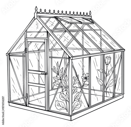 Black and white outline of a classic hothouse filled with growing green foliage and budding flowers, perfect for botanical illustrations, naturethemed designs, or agricultural publications.