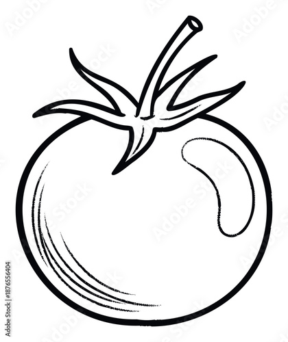 Simple handdrawn black outline of a fresh ripe tomato with stem and leaves, perfect for cooking recipes, gardening blogs, healthy food promotions, or restaurant menus.