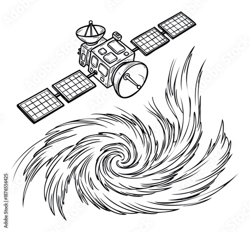 A sophisticated space satellite with solar panels orbits above a powerful swirling vortex, representing advanced global communication, environmental monitoring technology, and dynamic data