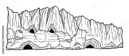 Graphic depiction of majestic mountain range featuring multiple hidden caves and rugged rock formations, ideal for nature themed travel adventure projects or exploration themes