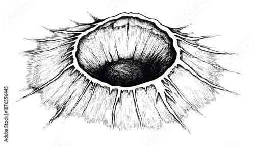 Dramatic black ink drawing of a deep abyss with a rough organic texture and radiating jagged lines, suitable for striking album covers, edgy merchandise, or immersive visual projects.