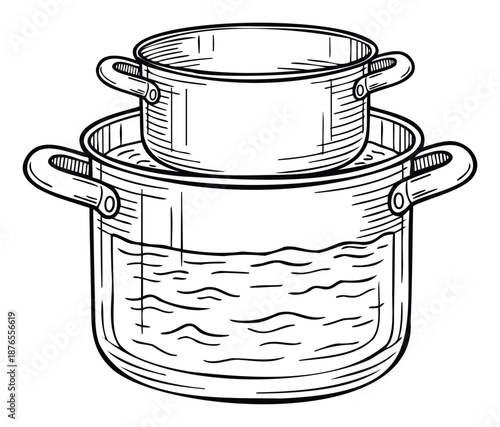 Classic hand drawn sketch of a kitchen double boiler setup with two pots and water, ideal for cooking tutorials, recipe blogs, or culinary educational materials.