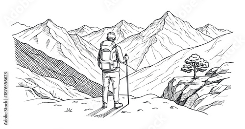 Explorer with backpack and trekking pole admires the stunning mountain range landscape, perfect for adventure travel publications or outdoor recreation advertisements