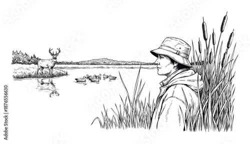 A nature observer in a bucket hat watches wildlife including a majestic deer and swimming ducks across a serene lake with distant mountains, perfect for outdoors and wilderness adventure