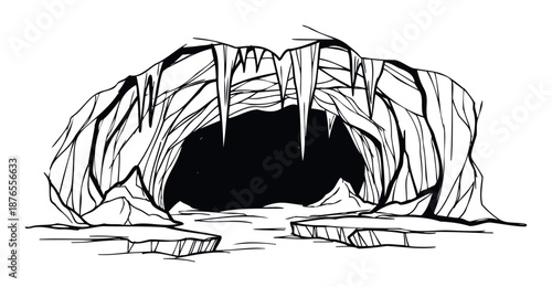 An icy cave entrance with sharp icicles and frosty ground formations, perfect for adding a mysterious cold winter setting to your projects