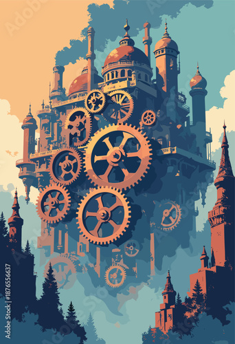 massive clockwork mechanism city Buildings built into giant gears cogs driven steam Steampunk