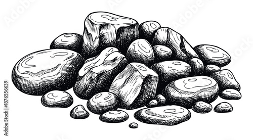 Hand drawn sketch of various natural river stones and pebbles arranged in a pile, perfect for geology themed educational materials, environmental project graphics, or outdoor adventure