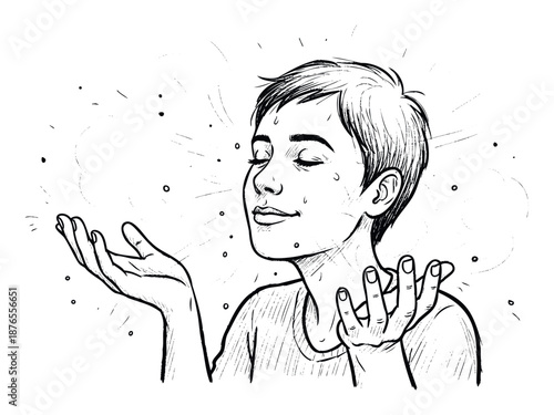 Calm person with hands open and eyes closed receiving a refreshing spiritual experience, perfect for wellness applications, meditation guides, and selfimprovement programs.