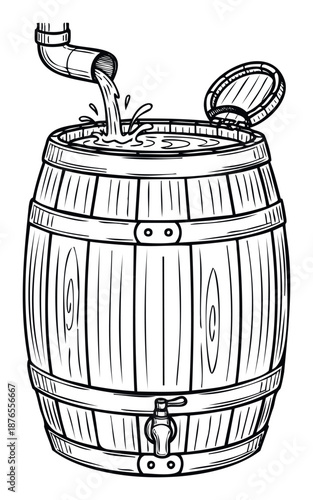 Traditional wooden barrel collecting fresh water from a downspout, ideal for illustrating rainwater harvesting, sustainable living, beverage storage, or resource conservation.