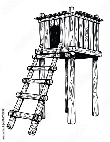 Rustic wooden stilt house featuring a robust log ladder rendered in a distinct black and white handdrawn style, suitable for historical, educational, or adventurethemed visual projects.