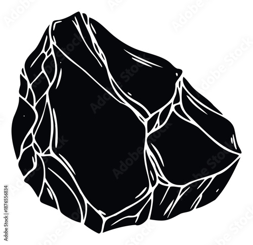 Striking black graphic of an ancient stone tool or a geological mineral sample perfect for educational materials, historical presentations, or decorative wall print designs.
