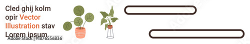 Home decor, eco-friendly design, stationery art, branding, gardening , workspace decor. Two potted plants and rectangular text bars. Home decor and eco-friendly design concept