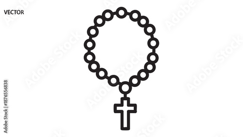 A black rosary with a cross pendant hanging from a chain on a white background