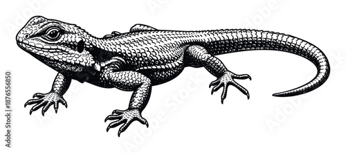 Black and white engraving style depiction of a detailed lizard, perfect for natural history projects, educational materials, or vintage inspired graphic design.