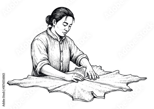 Asian woman working diligently with her hands, carefully inspecting and manipulating a large piece of leather or animal hide, perfect for showcasing craftsmanship and traditional labor.