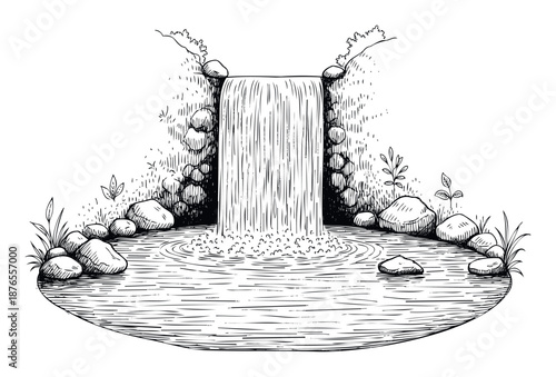 Hand drawn natural waterfall cascading into a tranquil pool surrounded by rocks and vegetation, ideal for serene landscape themed projects and environmental designs.